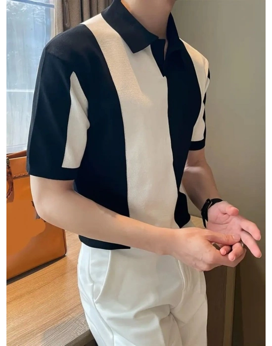 Erkek Kısa Kollu Polo Yakalı Blok Desenli Triko Bluz