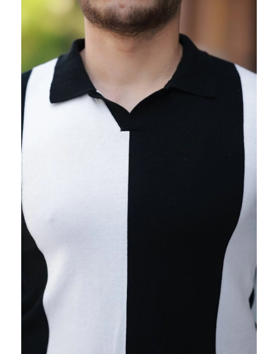 Erkek Kısa Kollu Polo Yakalı Blok Desenli Triko Bluz