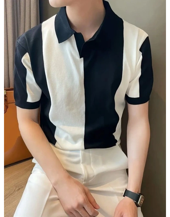 Erkek Kısa Kollu Polo Yakalı Blok Desenli Triko Bluz