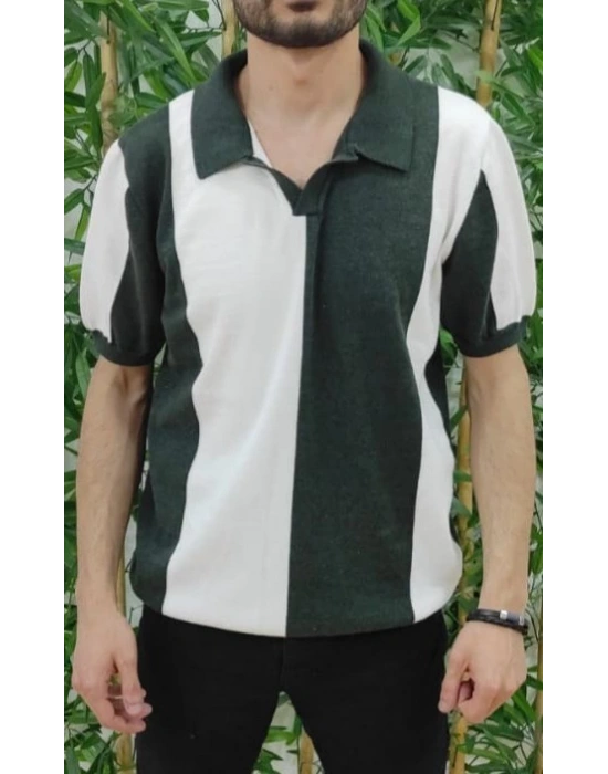 Erkek Kısa Kollu Polo Yakalı Blok Desenli Triko Tişört