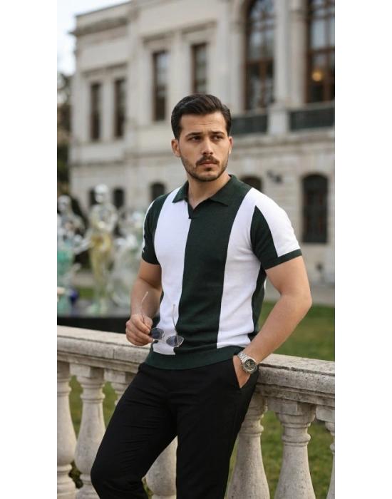 Erkek Kısa Kollu Polo Yakalı Blok Desenli Triko Bluz