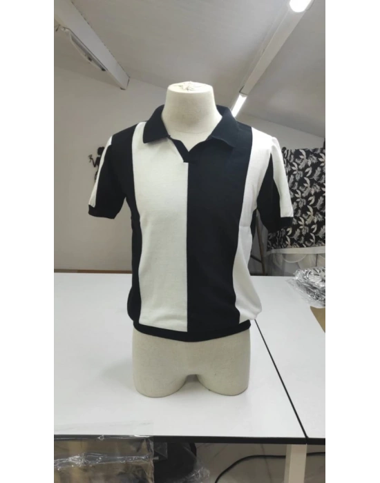 Erkek Kısa Kollu Polo Yakalı Blok Desenli Triko Bluz