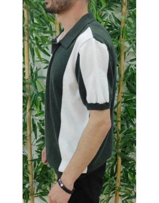 Erkek Kısa Kollu Polo Yakalı Blok Desenli Triko Tişört