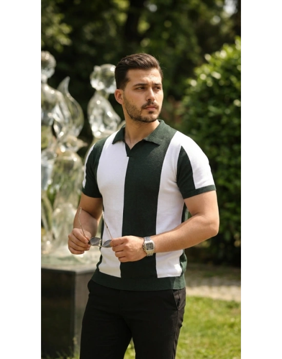 Erkek Kısa Kollu Polo Yakalı Blok Desenli Triko Bluz