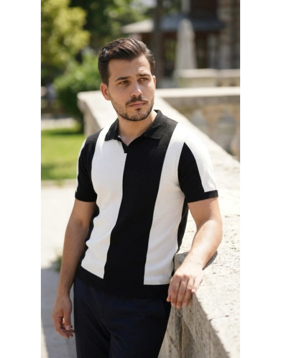 Erkek Kısa Kollu Polo Yakalı Blok Desenli Triko Bluz