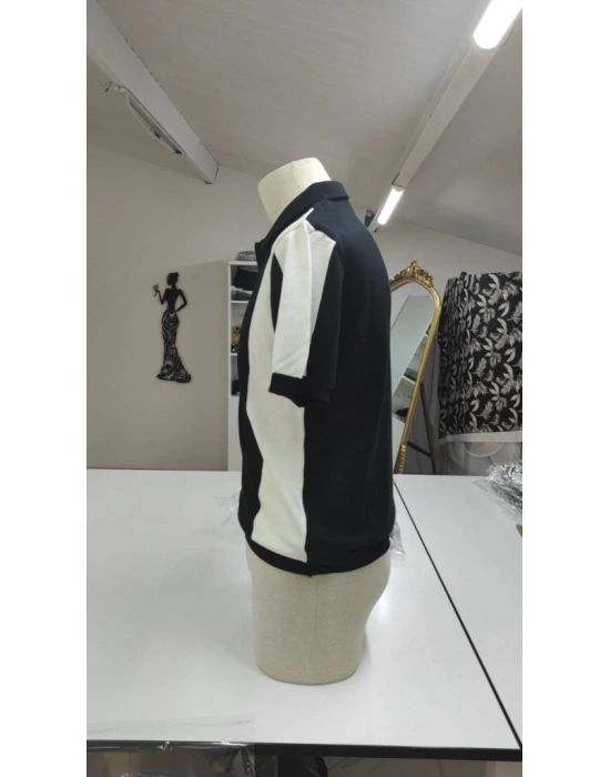 Erkek Kısa Kollu Polo Yakalı Blok Desenli Triko Bluz