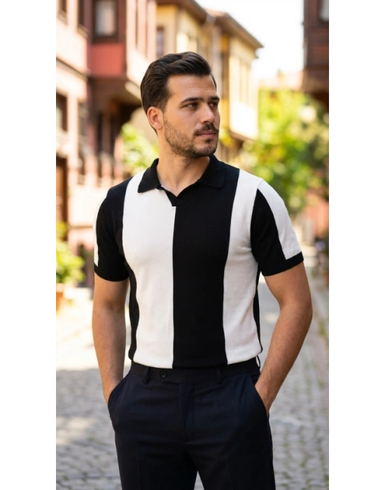 Erkek Kısa Kollu Polo Yakalı Blok Desenli Triko Bluz