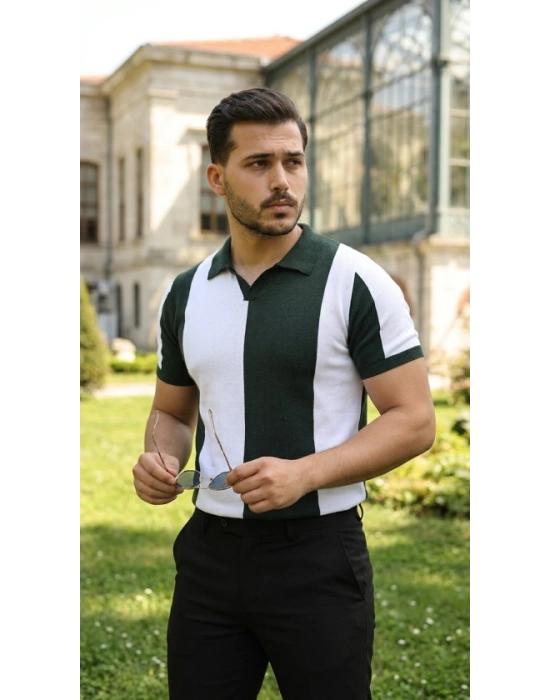 Erkek Kısa Kollu Polo Yakalı Blok Desenli Triko Bluz