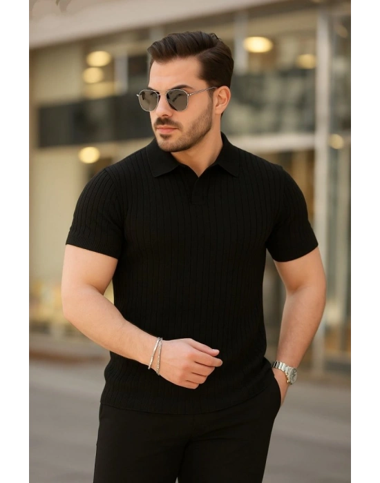 Erkek Kısa Kollu Yakalı çizgi Desenli Triko Bluz