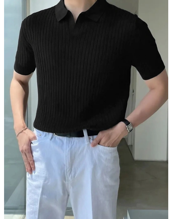 Erkek Kısa Kollu Yakalı çizgi Desenli Triko Bluz