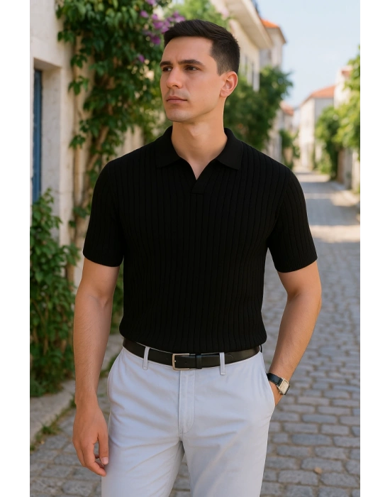 Erkek Kısa Kollu Yakalı çizgi Desenli Triko Bluz