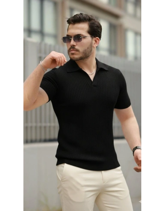 Erkek Kısa Kollu Yakalı çizgi Desenli Triko Bluz
