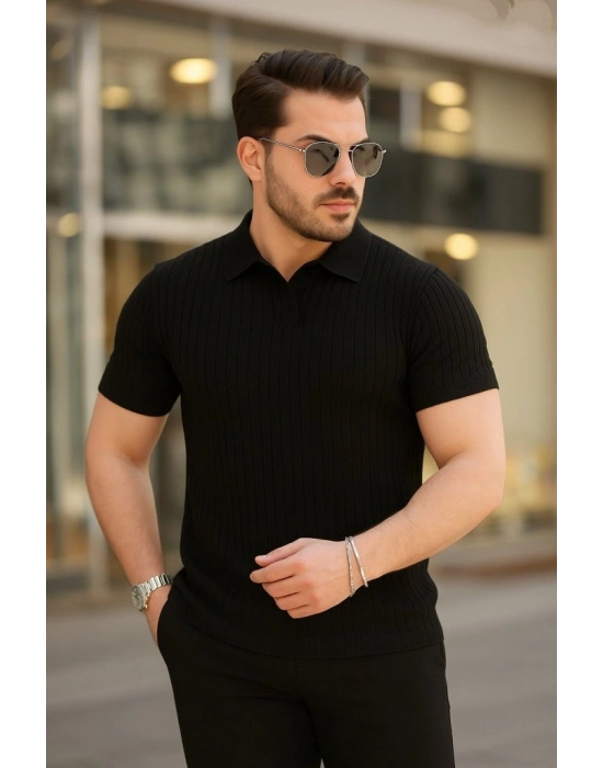 Erkek Kısa Kollu Yakalı çizgi Desenli Triko Bluz