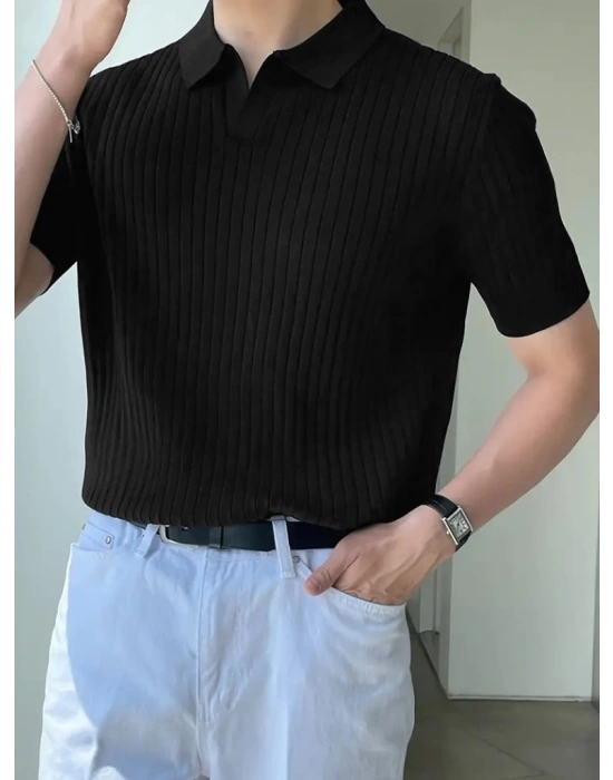 Erkek Kısa Kollu Yakalı çizgi Desenli Triko Bluz