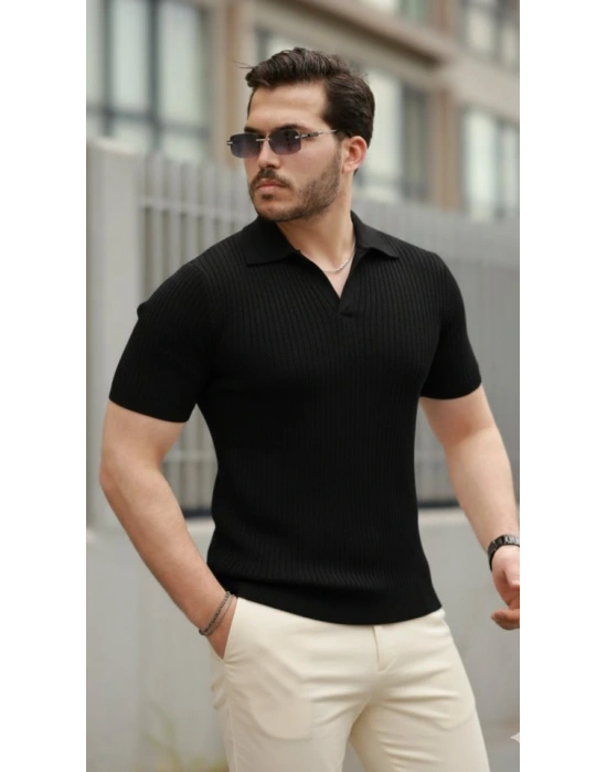 Erkek Kısa Kollu Yakalı çizgi Desenli Triko Bluz
