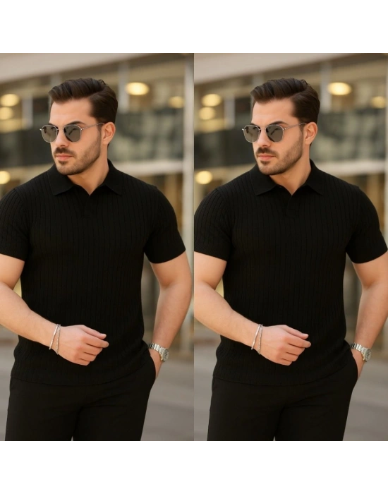 Erkek Kısa Kollu Yakalı çizgi Desenli Triko Bluz