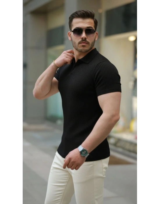Erkek Kısa Kollu Yakalı çizgi Desenli Triko Bluz