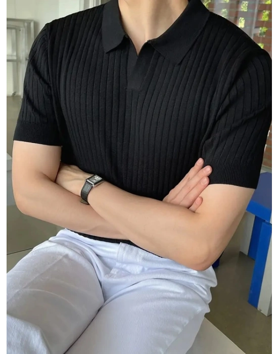 Erkek Kısa Kollu Yakalı çizgi Desenli Triko Bluz