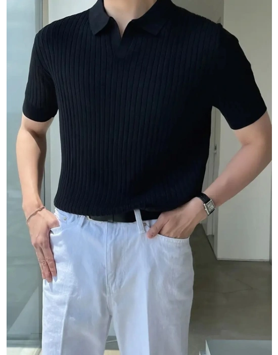 Erkek Kısa Kollu Yakalı çizgi Desenli Triko Bluz