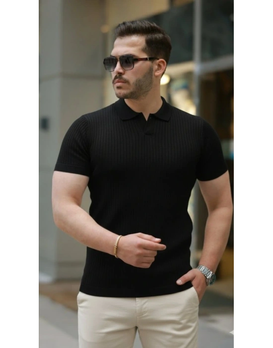 Erkek Kısa Kollu Yakalı çizgi Desenli Triko Bluz