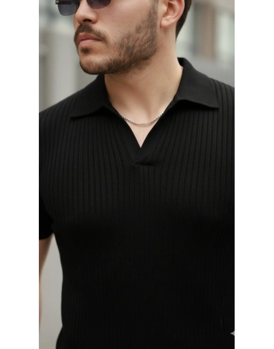 Erkek Kısa Kollu Yakalı çizgi Desenli Triko Bluz