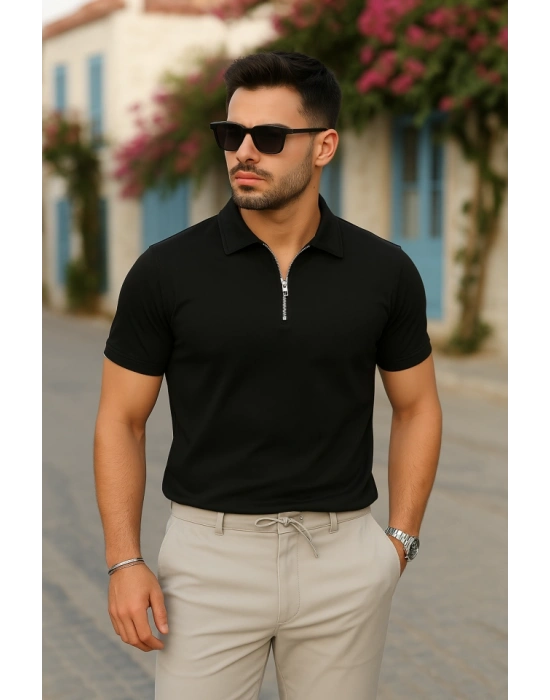 Erkek Kısa Kollu Yakalı önden Fermuarlı Viskon Iki Iplik Tişört