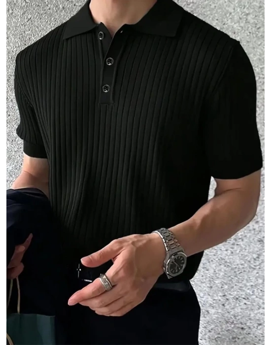 Erkek Kısa Kollu Yakalı Yakadan Düğmeli Triko Tişört