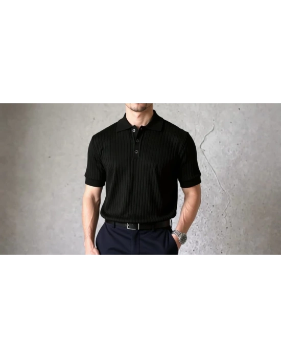 Erkek Kısa Kollu Yakalı Yakadan Düğmeli Triko Tişört