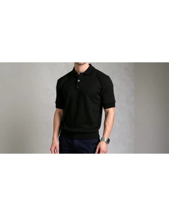 Erkek Kısa Kollu Yakalı Yakadan Düğmeli Triko Tişört