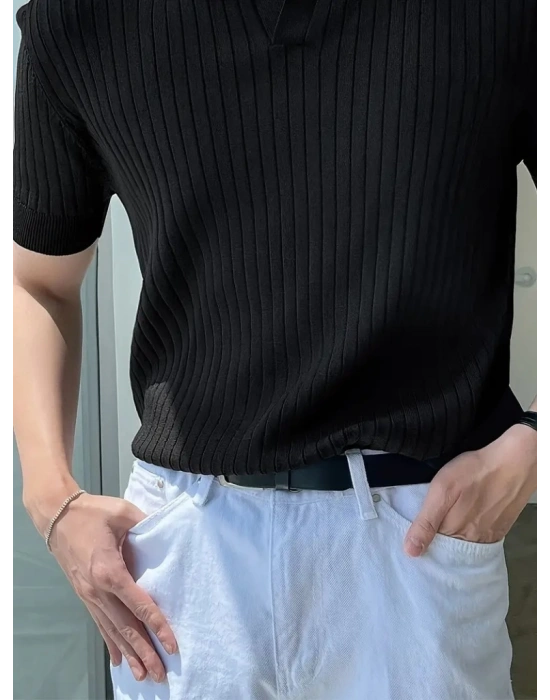 Erkek Kısa Kollu Yakalı Yakadan Düğmeli Triko Tişört