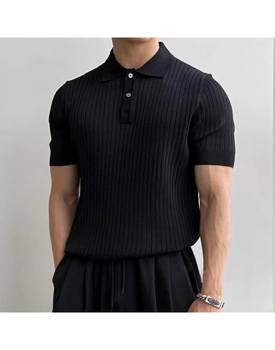 Erkek Kısa Kollu Yakalı Yakadan Düğmeli Triko Tişört