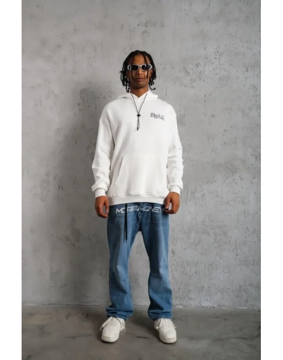 Erkek Kol Ve Etek Ribana Baskılı Kapüşonlu weat  Beyaz