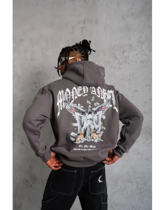 Erkek Kordon İpli Baskılı Kapüşonlu weatshirt  Füme