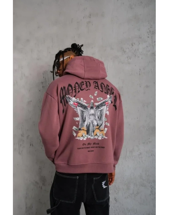 Erkek Kordon İpli Baskılı Kapüşonlu weatshirt  Gül Kurusu