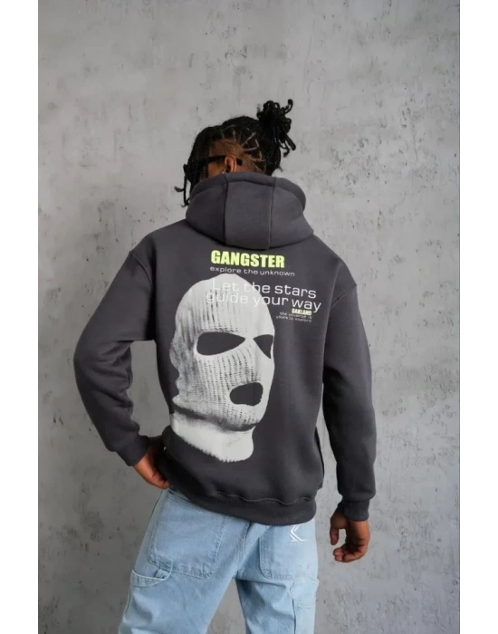 Erkek Kordonlu aske Baskılı Kapşonlu weat  Gri