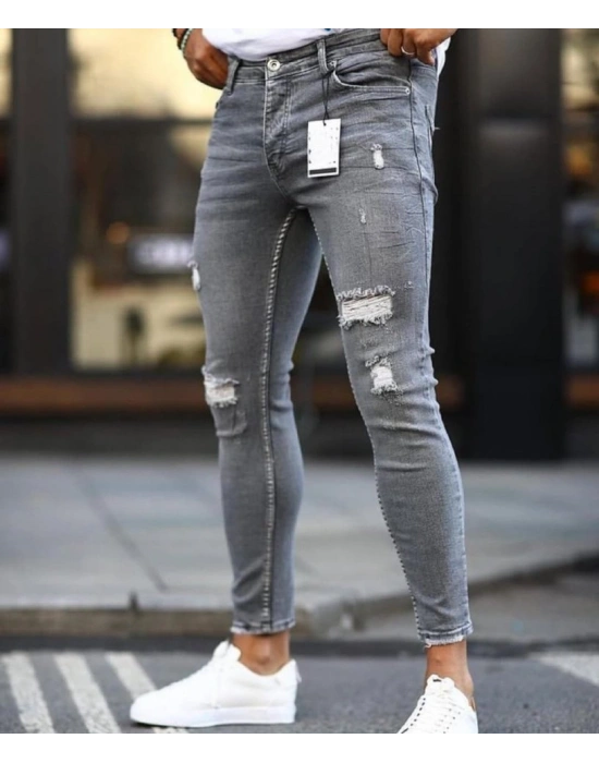 Erkek Koyu Gri Yırtık Detaylı Skinny Jean