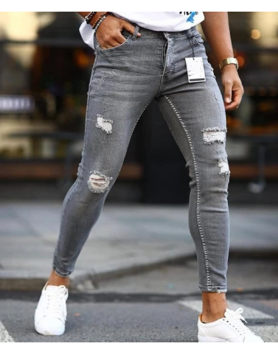 Erkek Koyu Gri Yırtık Detaylı Skinny Jean