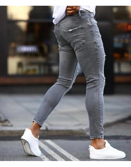 Erkek Koyu Gri Yırtık Detaylı Skinny Jean