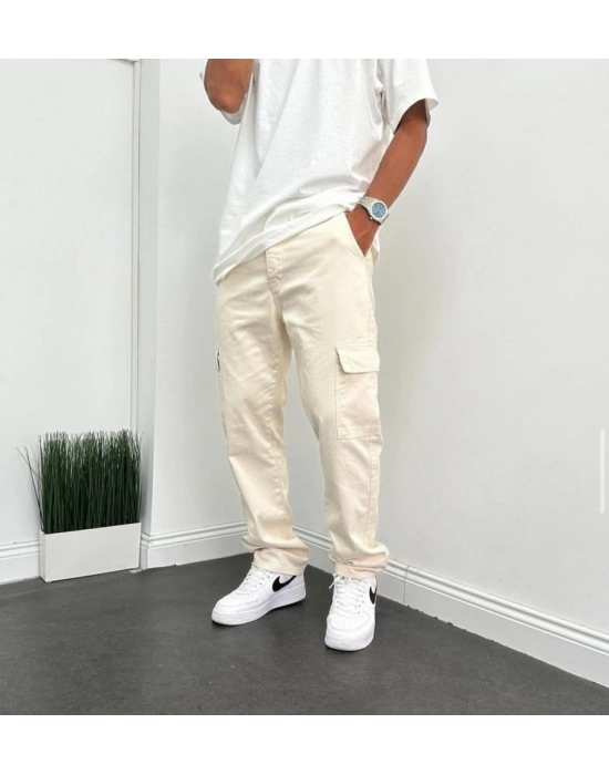 Erkek Krem Kargo Baggy Pantolon