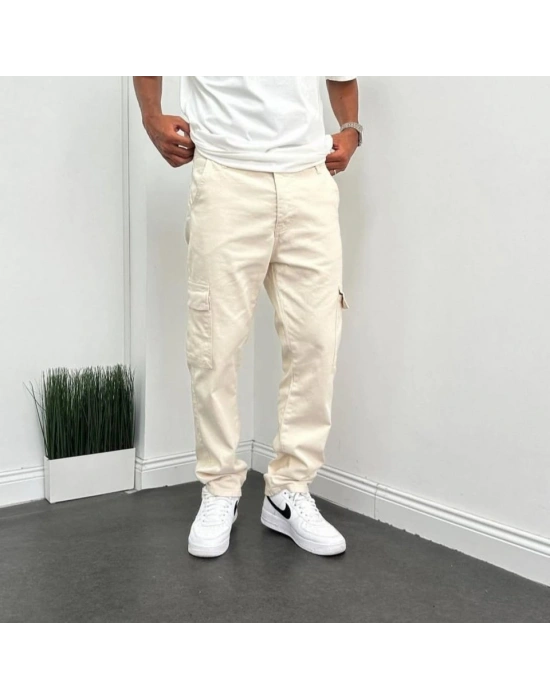 Erkek Krem Kargo Baggy Pantolon