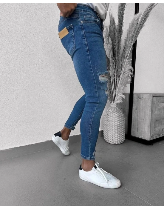 Erkek Mavi Yıkama Detaylı Skinny Jean