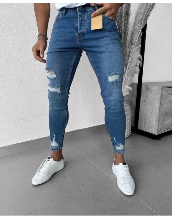 Erkek Mavi Yıkama Detaylı Skinny Jean