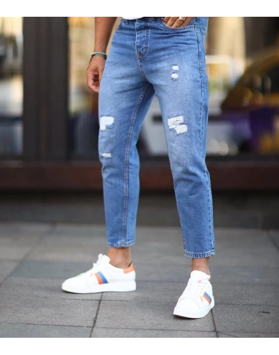 Erkek Mavi Yırtık Detaylı Boyfriend Jean