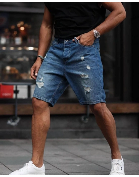 Erkek Mavi Yırtık Detaylı Şort