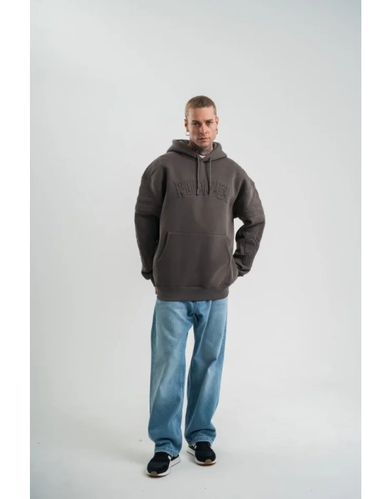 Erkek Nakış İşlemeli Kapşonlu Antrasit weatshirt Üç İplik Double Oversize Füme