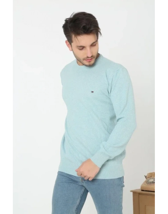 Erkek Nakış İşlemeli Peteli Triko Kazak  Mavi