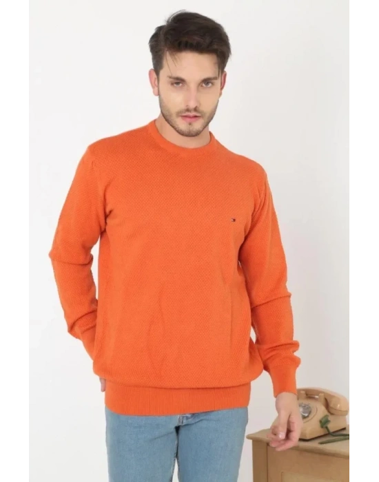 Erkek Nakış İşlemeli Peteli Triko Kazak  Turuncu