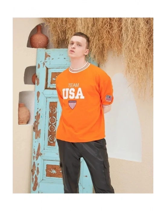 Erkek Nakış İşlemeli Ribanalı Oversize Tshirt  Turuncu