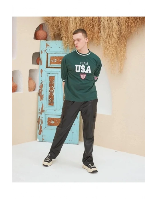 Erkek Nakış İşlemeli Ribanalı Oversize Tshirt  Yeşil