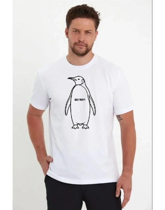 Erkek Nihilist Penguen Özel Tasarım Oversize Bisiklet Yaka Tişört  Beyaz